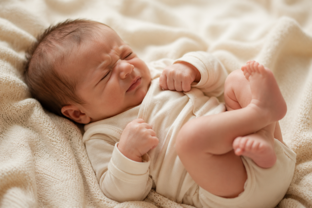 bebê com sinais de cólica, pernas encolhidas contra a barriga