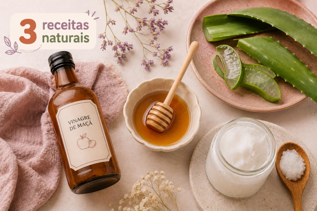 ingredientes caseiros para tratar caspa: vinagre de maçã, óleo de coco e babosa