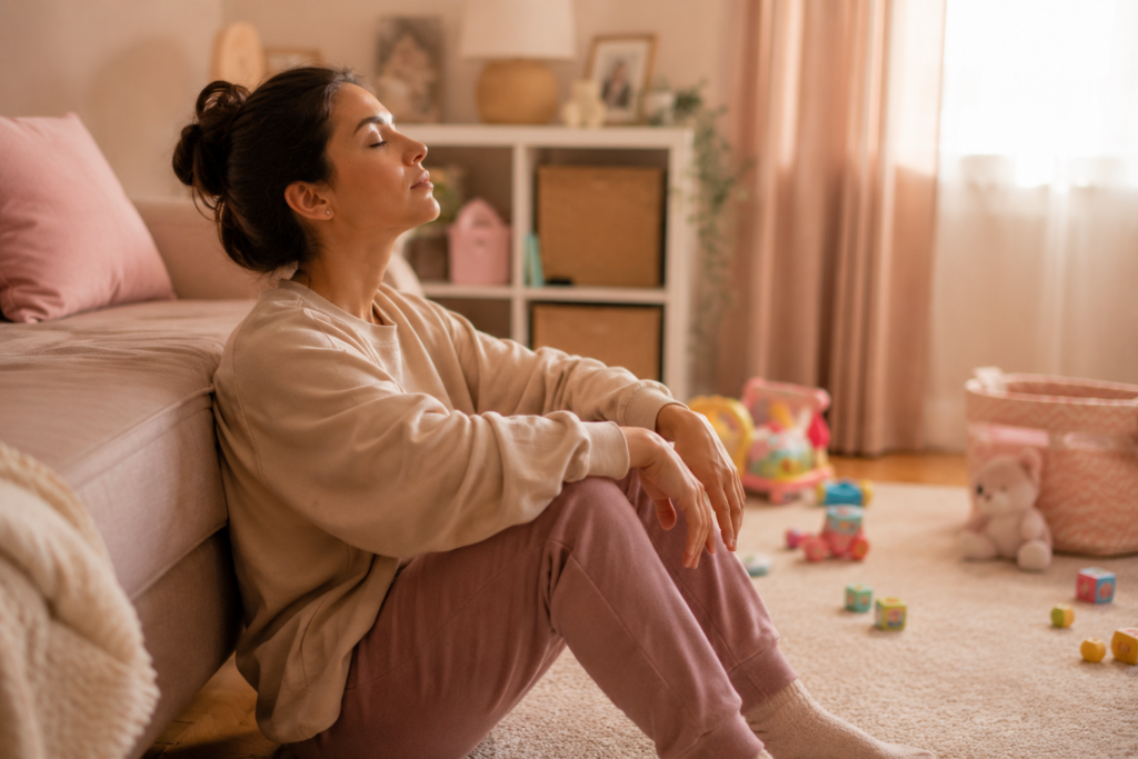 mãe fazendo uma pausa no meio da rotina doméstica