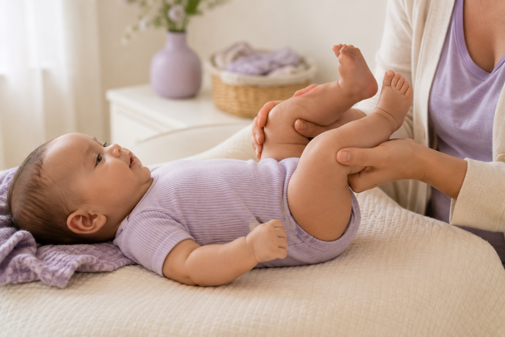 massagem e movimento de pedalada para aliviar o desconforto do bebê