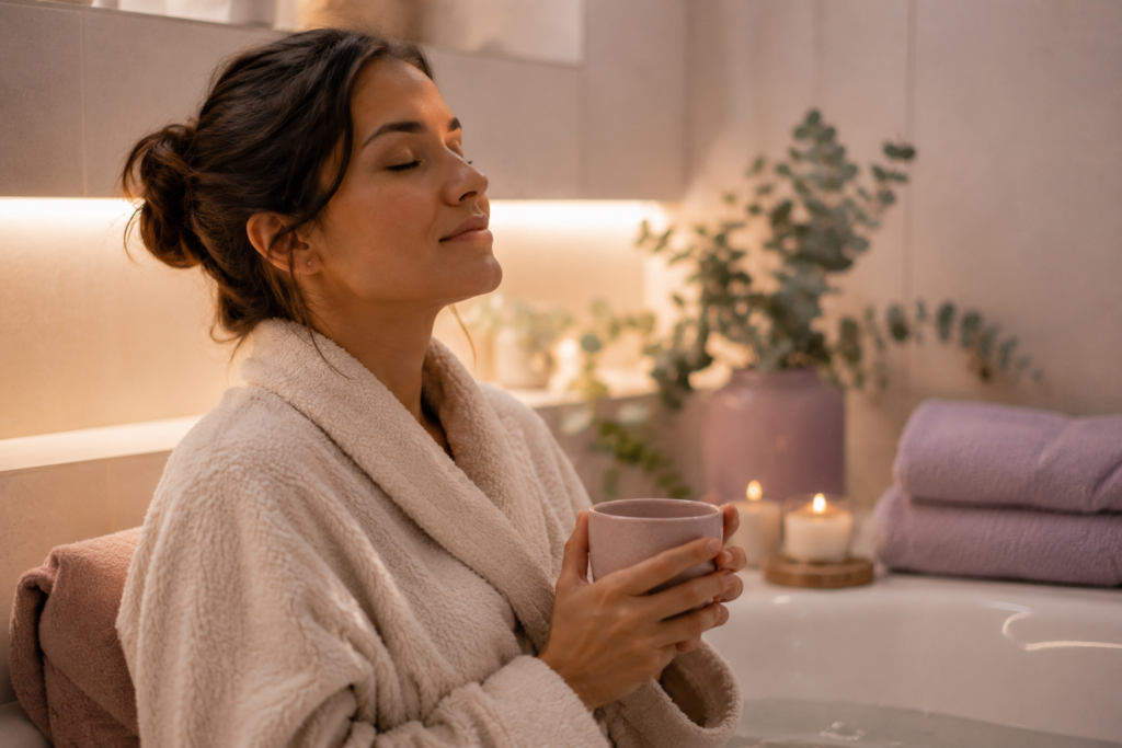mãe aproveitando um banho relaxante como momento de autocuidado