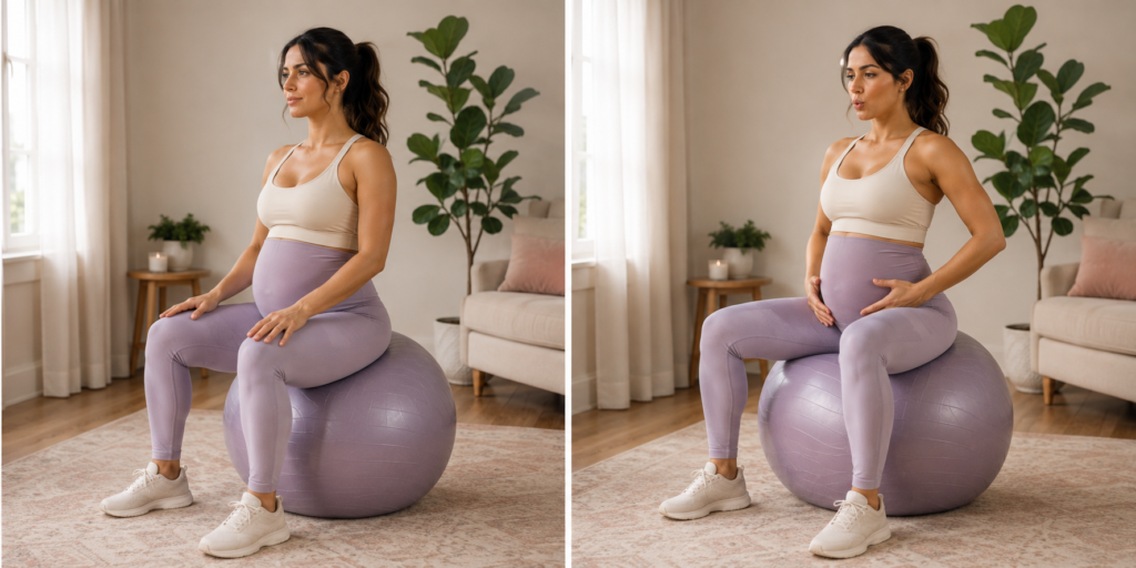 grávida praticando exercício de assoalho pélvico, duas posições