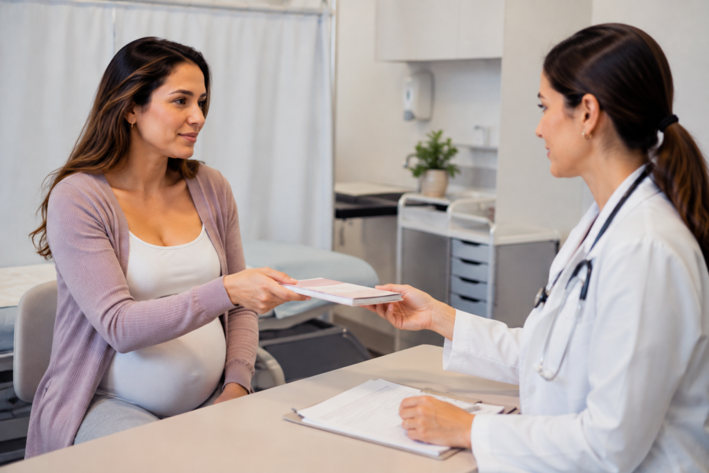 gestante conversando com médico segurando a caderneta da gestante