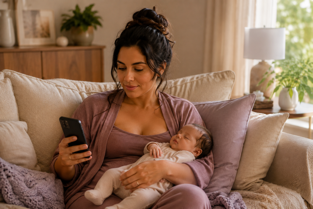 mãe usando o celular para solicitar o salário-maternidade pelo Meu INSS