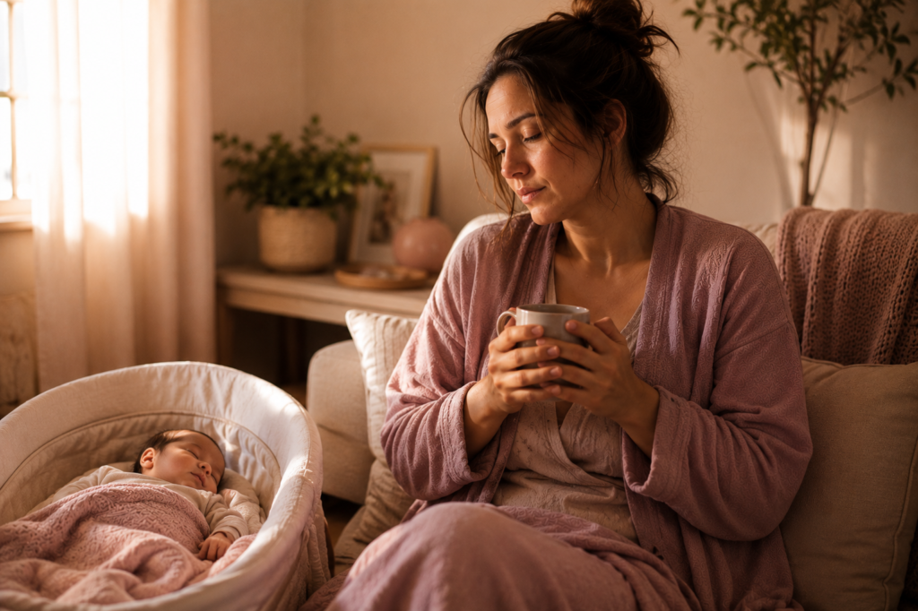 mãe fazendo uma pausa no sofá enquanto o bebê dorme durante a amamentação