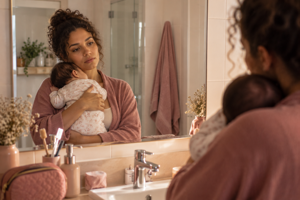 depressão pós-parto - mãe em dúvida diante do espelho com o bebê