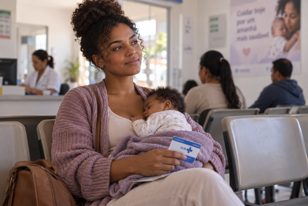 psicólogo grátis pós-parto pelo SUS - mãe na UBS com o bebê