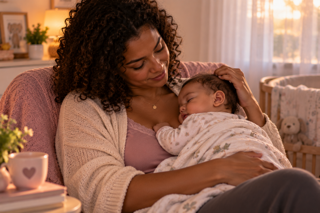 bebê satisfeito depois de mamar - mãe aliviada e confiante