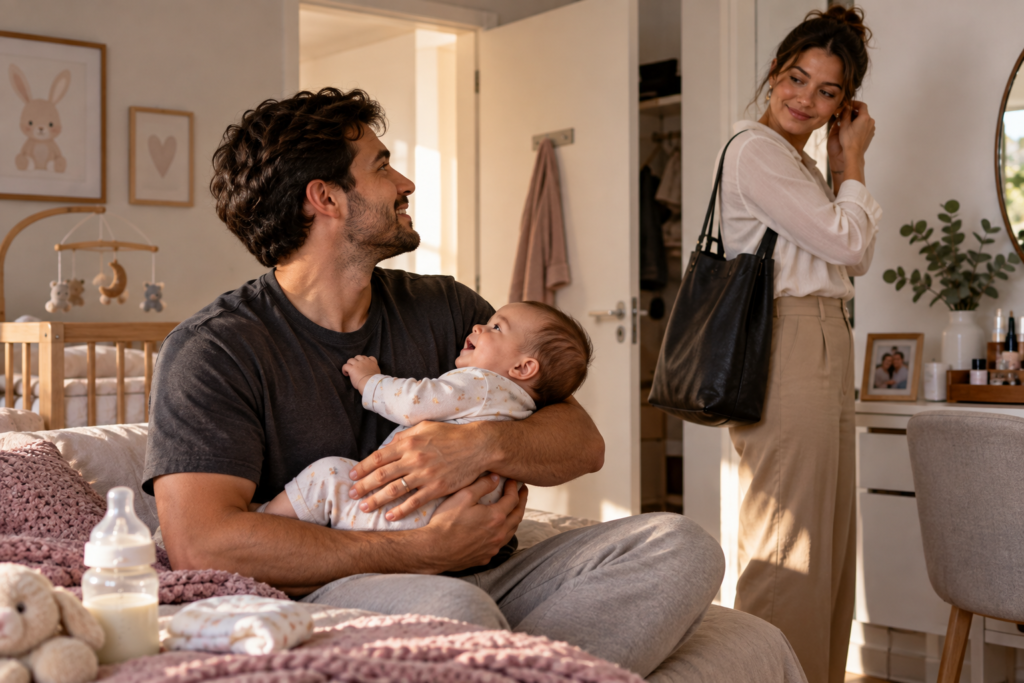 licença-paternidade - pai cuidando do bebê em casa